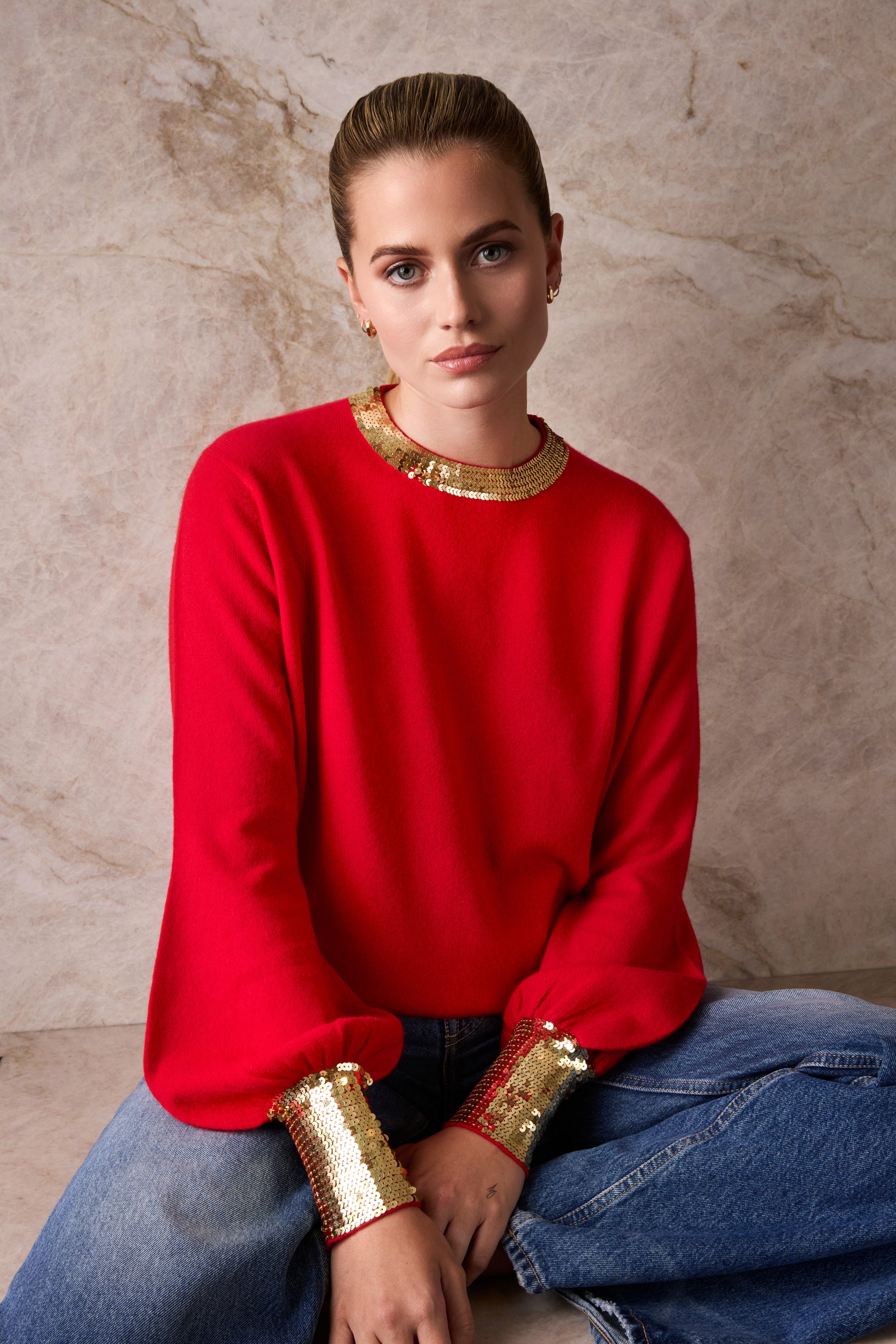The Cashmere Sequin Sweater in Crimson