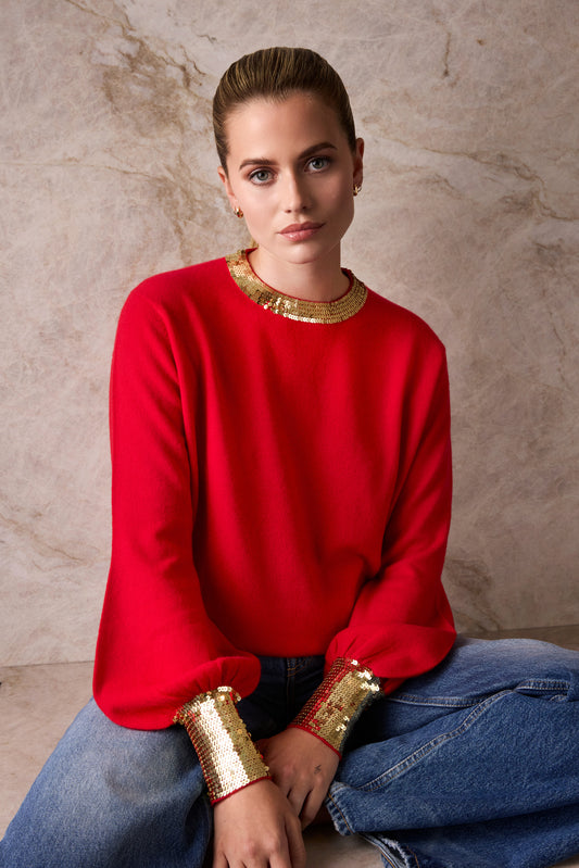 The Cashmere Sequin Sweater in Crimson