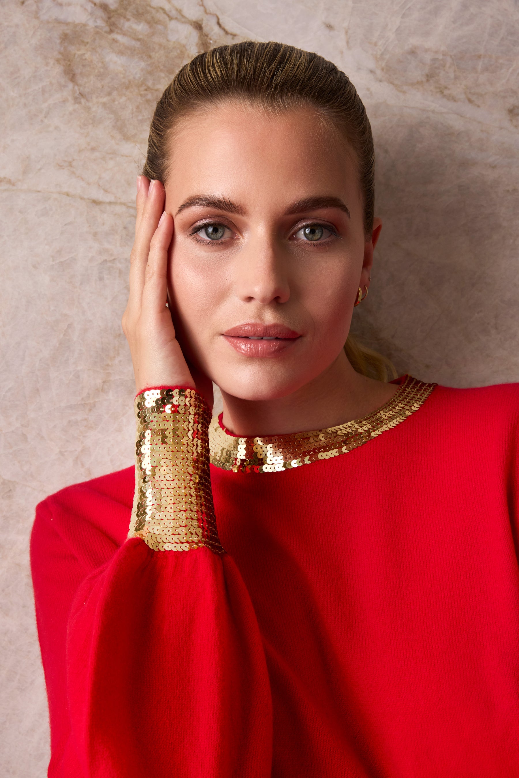 The Cashmere Sequin Sweater in Crimson