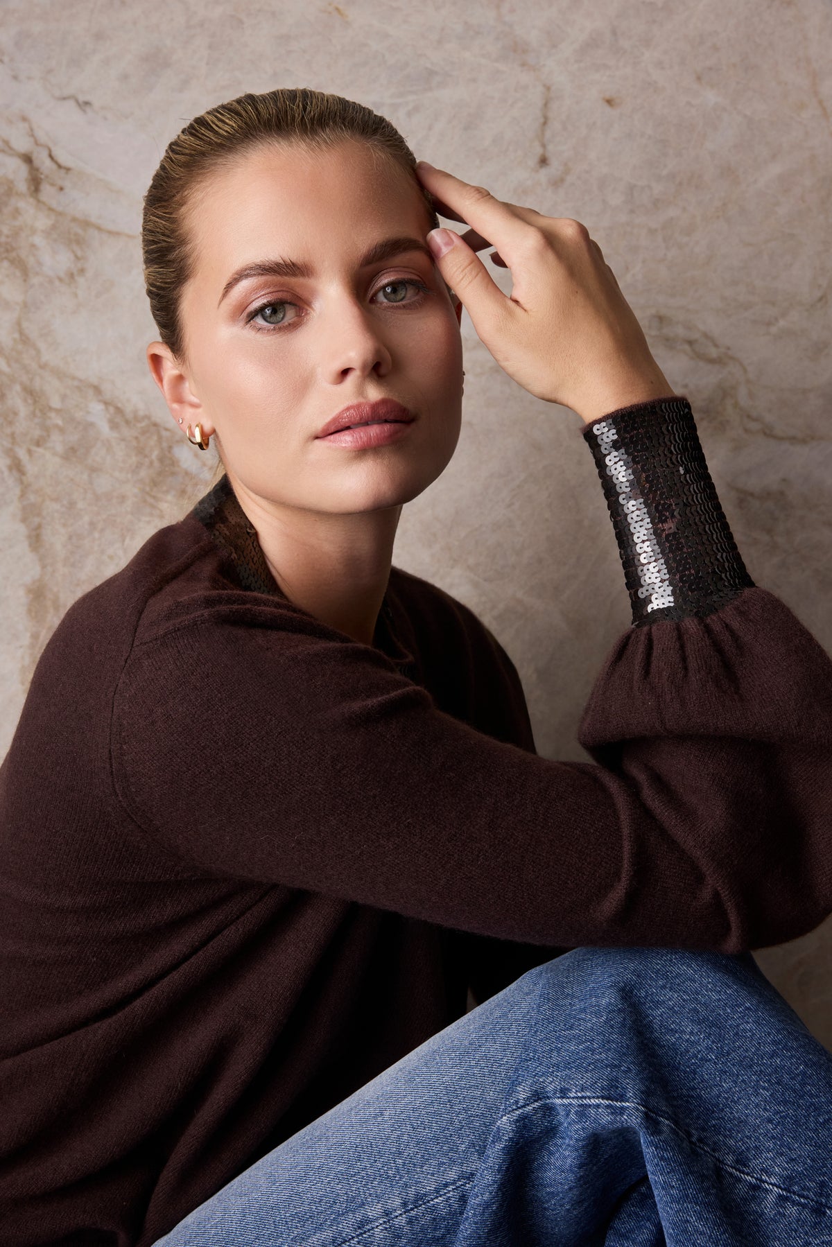 The Cashmere Sequin Sweater in Tree Bark