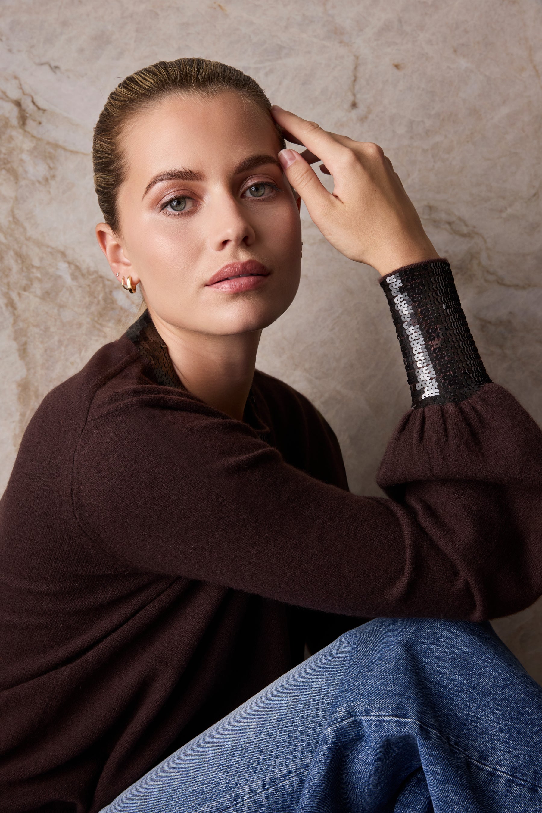 The Cashmere Sequin Sweater in Tree Bark