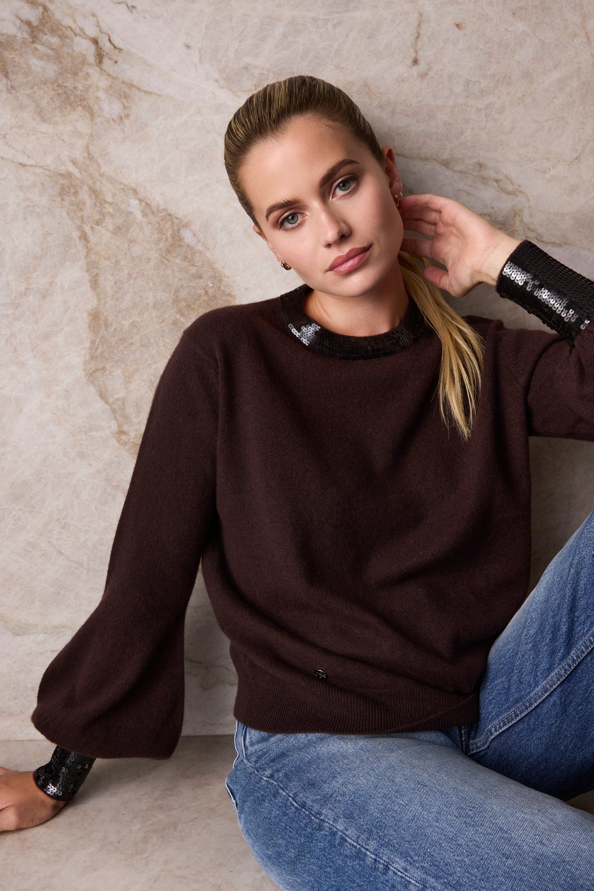 The Cashmere Sequin Sweater in Tree Bark