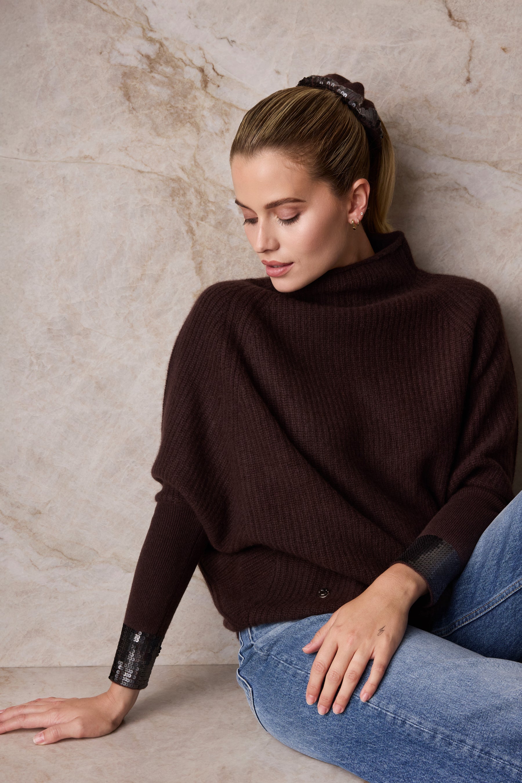 The Cashmere Sequin Slouchy Rib in Tree Bark