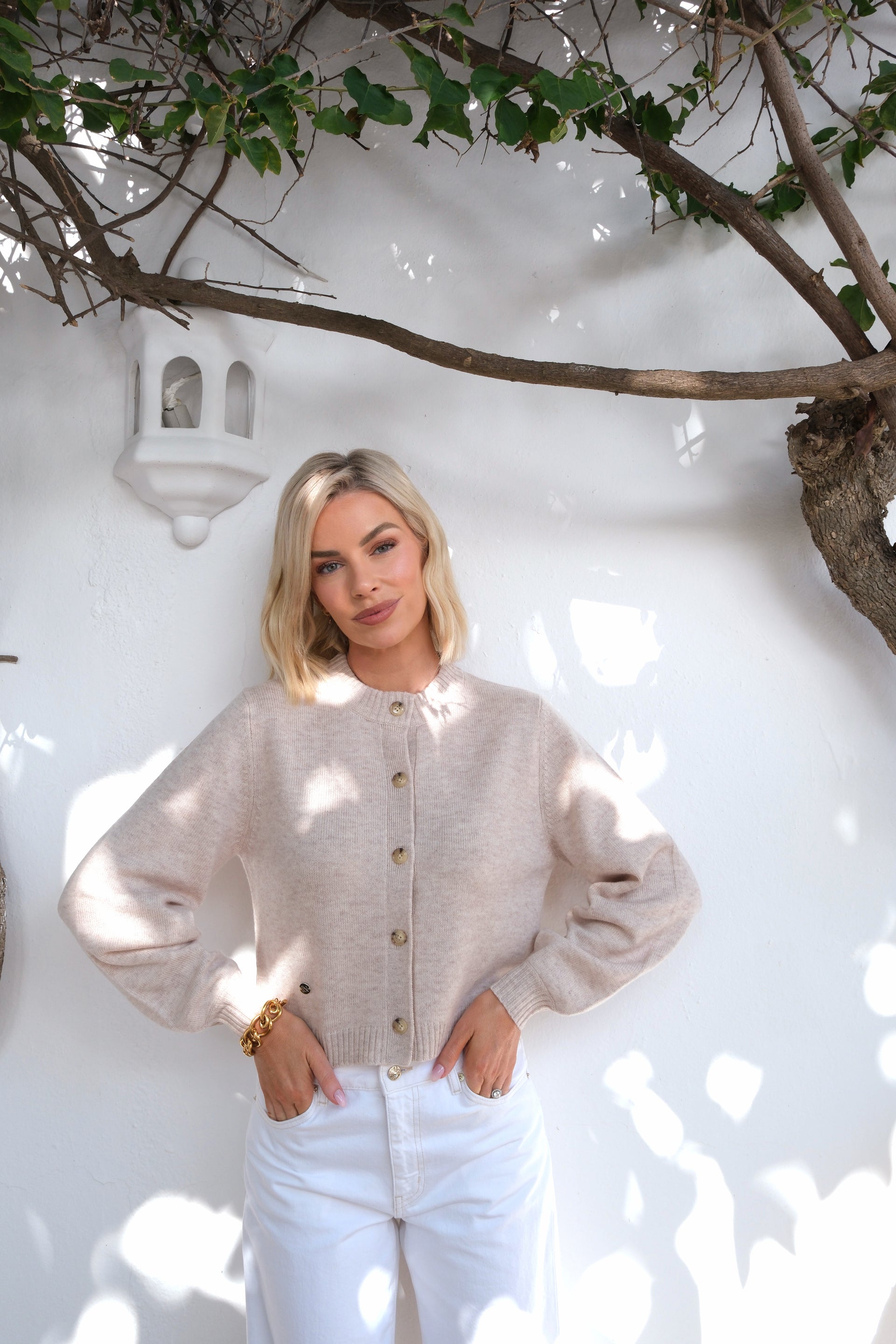 The Balloon Sleeve Cardigan in Lightweight Beige