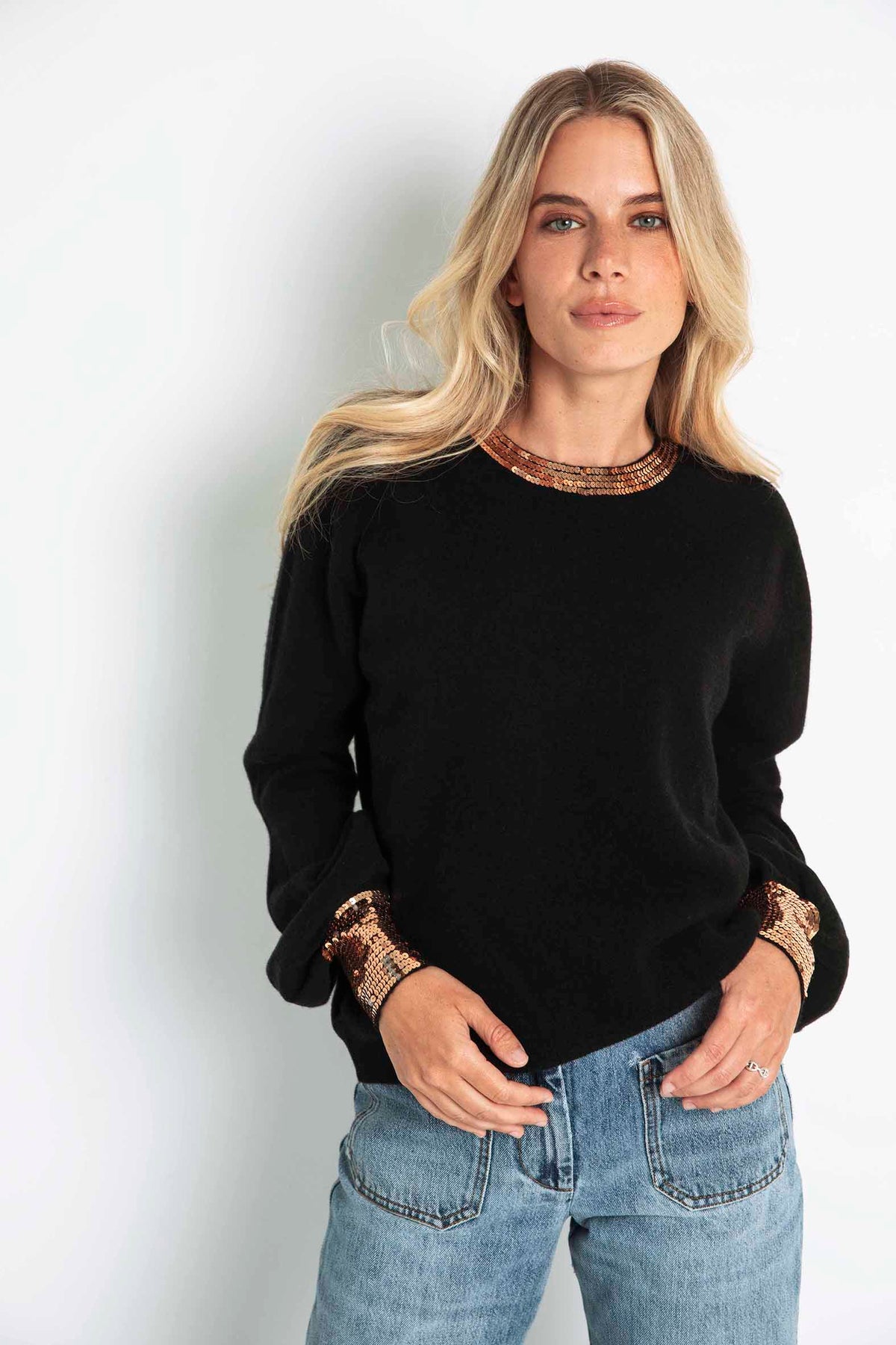 The Sequin Cuff & Collar Sweater in Black / Gold Sequins