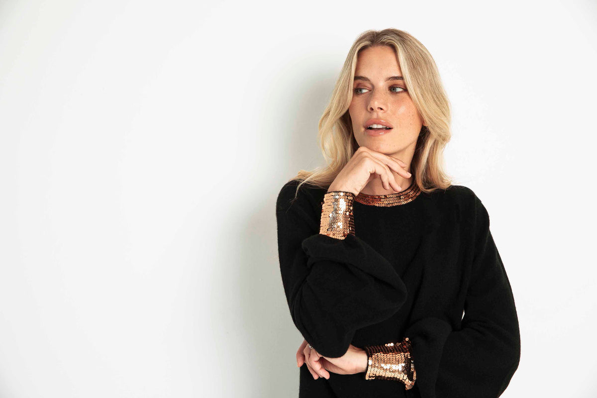 The Sequin Cuff & Collar Sweater in Black / Gold Sequins
