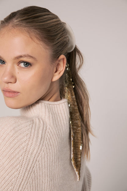 The Long Sequin Cashmere Scrunchie in Snow Peak