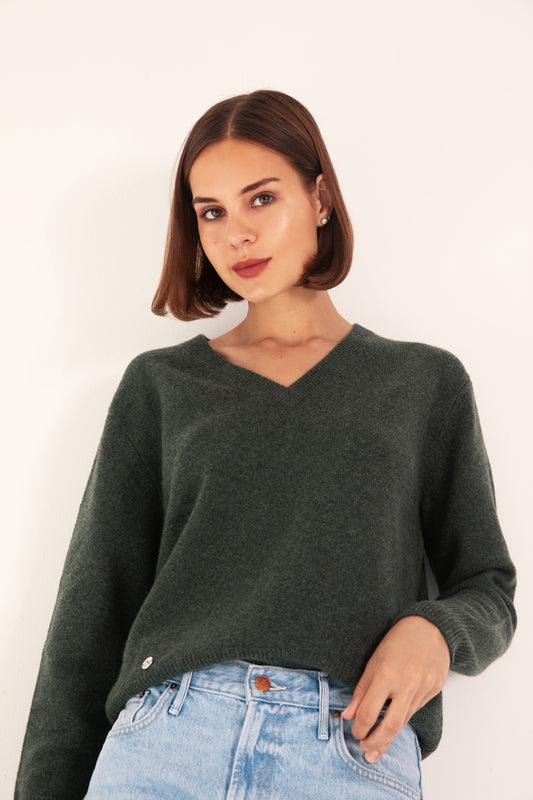 The Elevated Cashmere V Neck in Algae
