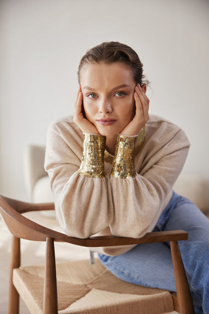 The Cashmere Sequin Sweater in Sandstone