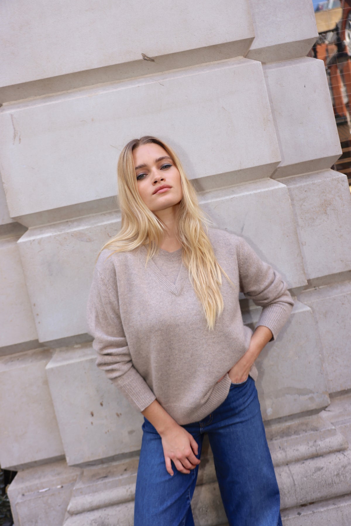 The Elevated Cashmere V Neck in Warm Taupe