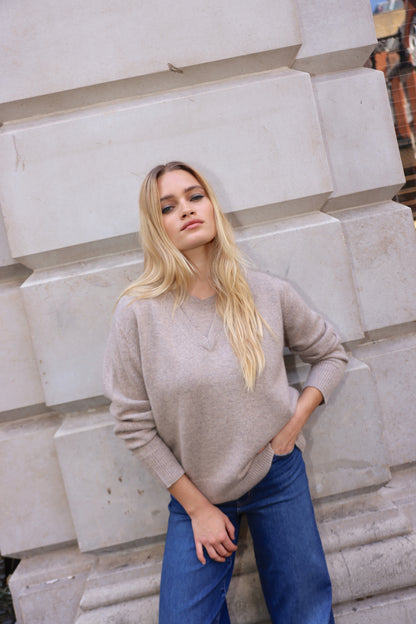 The Elevated Cashmere V Neck in Warm Taupe