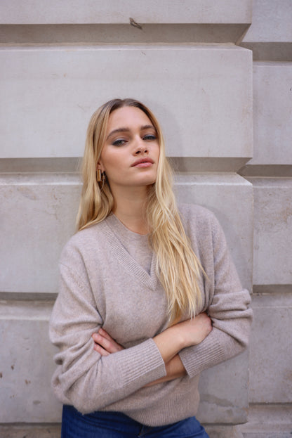 The Elevated Cashmere V Neck in Warm Taupe