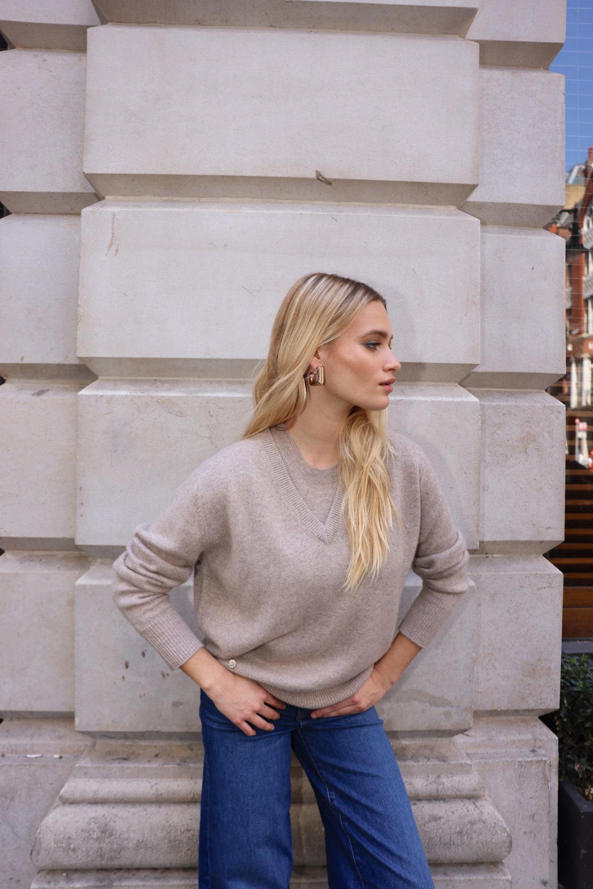 The Elevated Cashmere V Neck in Warm Taupe