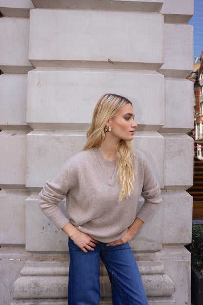 The Elevated Cashmere V Neck in Warm Taupe
