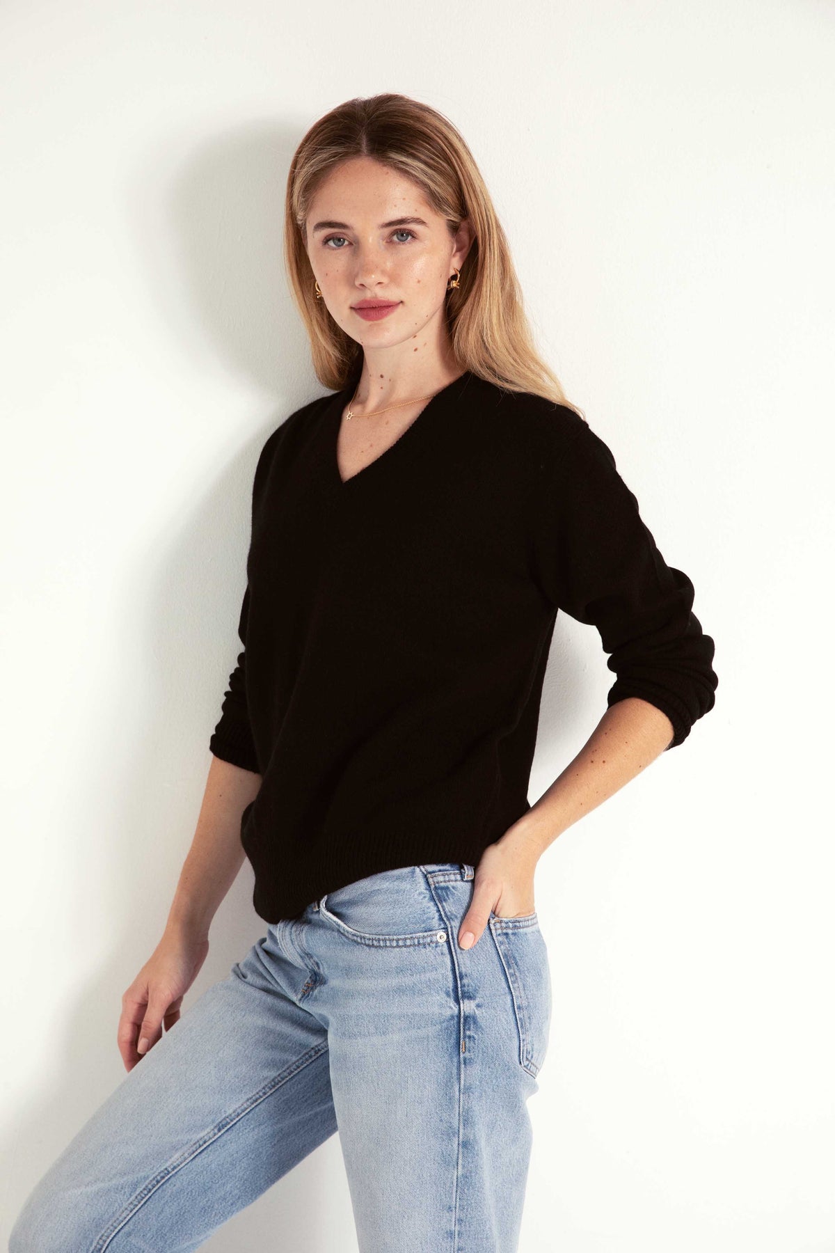 The Elevated Cashmere V Neck Sweater in Black